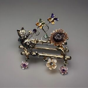 Vintage Kenneth Cole Cat Sunflower Brooch Butterflies Floral Signed Statement